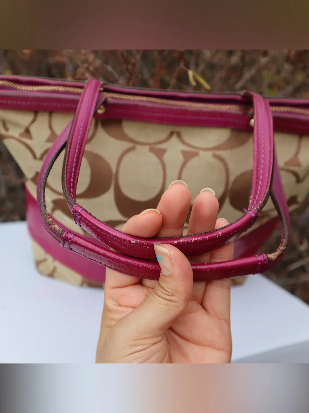 Coach Signature Berry Stripe Patent Leather Tote Shoulder Bag, Berry Red/Pinkish